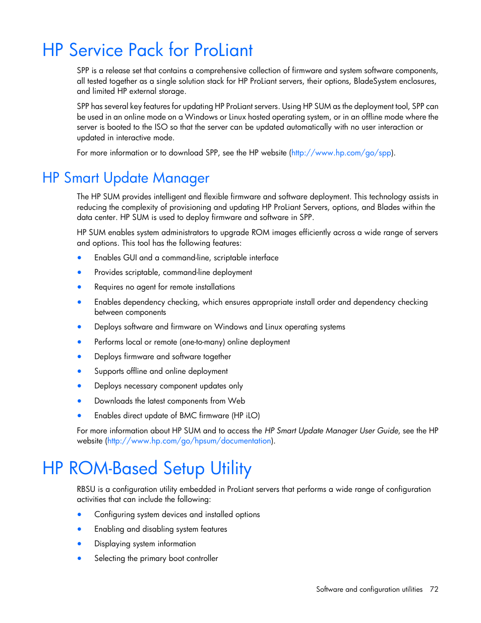 Hp service pack for proliant, Hp smart update manager, Hp rom-based setup utility | Hp rom-based setup, Utility | HP ProLiant ML310e Gen8 Server User Manual | Page 72 / 107