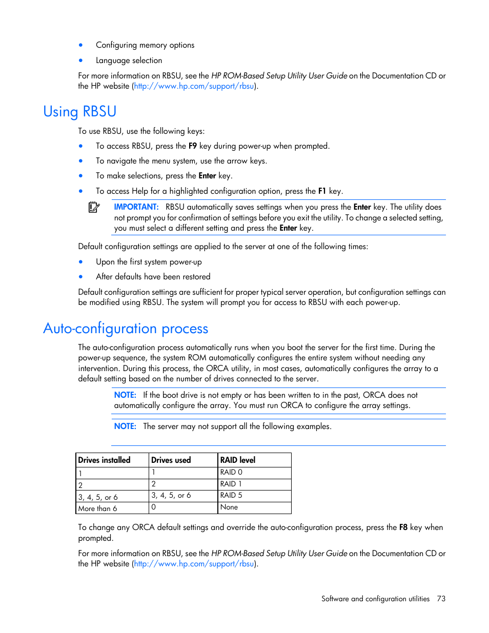 Using rbsu, Auto-configuration process | HP ProLiant ML310e Gen8 Server User Manual | Page 73 / 107