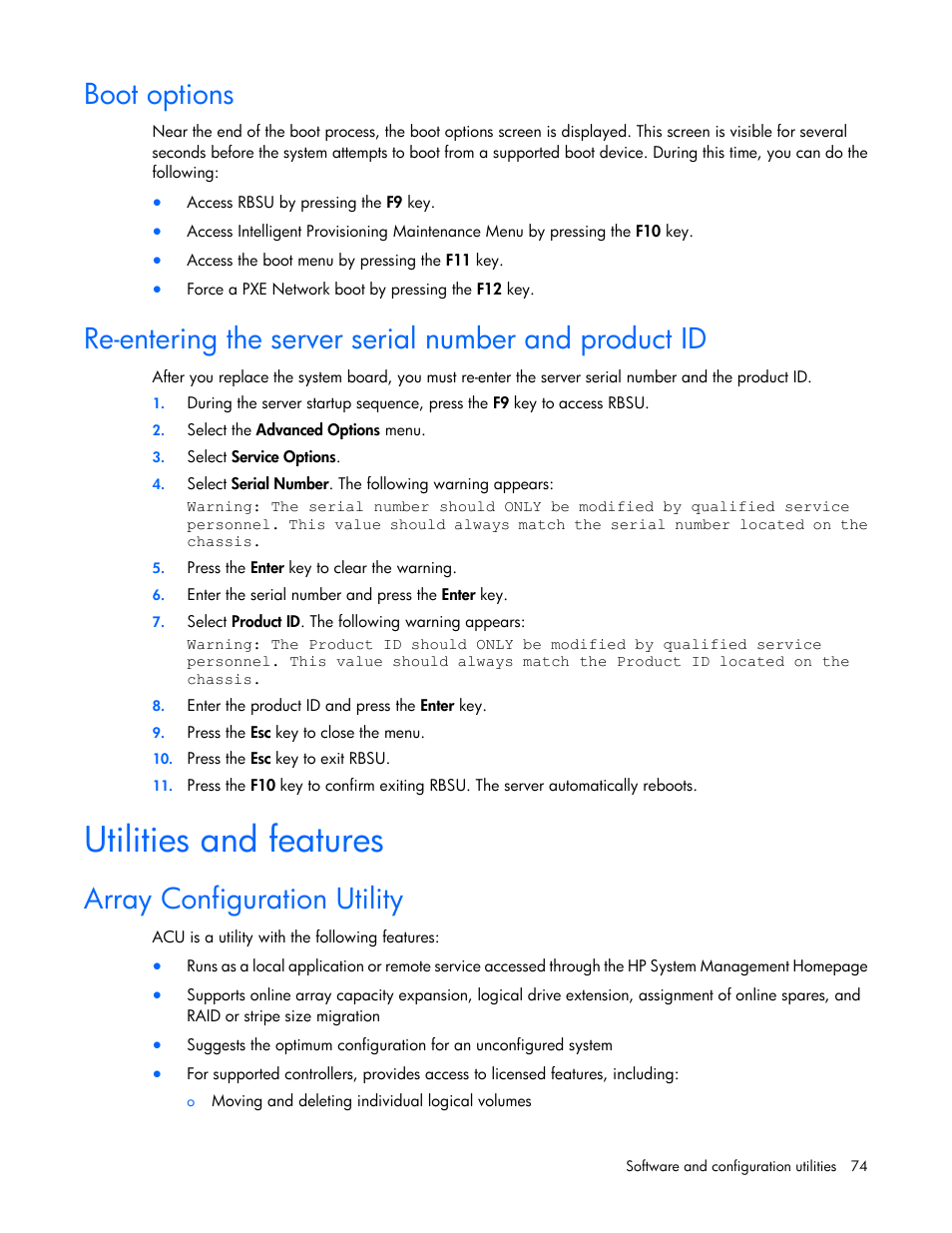 Boot options, Utilities and features, Array configuration utility | HP ProLiant ML310e Gen8 Server User Manual | Page 74 / 107