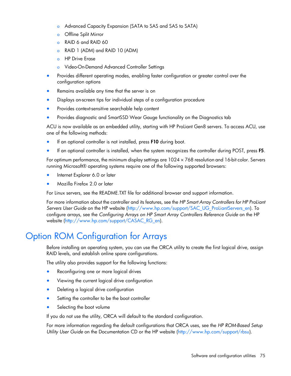 Option rom configuration for arrays | HP ProLiant ML310e Gen8 Server User Manual | Page 75 / 107