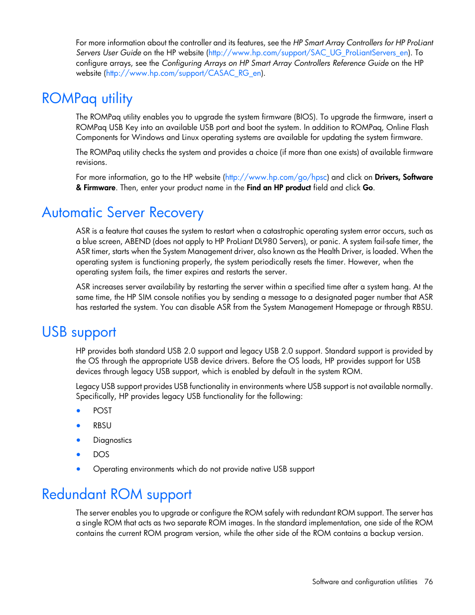 Rompaq utility, Automatic server recovery, Usb support | Redundant rom support | HP ProLiant ML310e Gen8 Server User Manual | Page 76 / 107