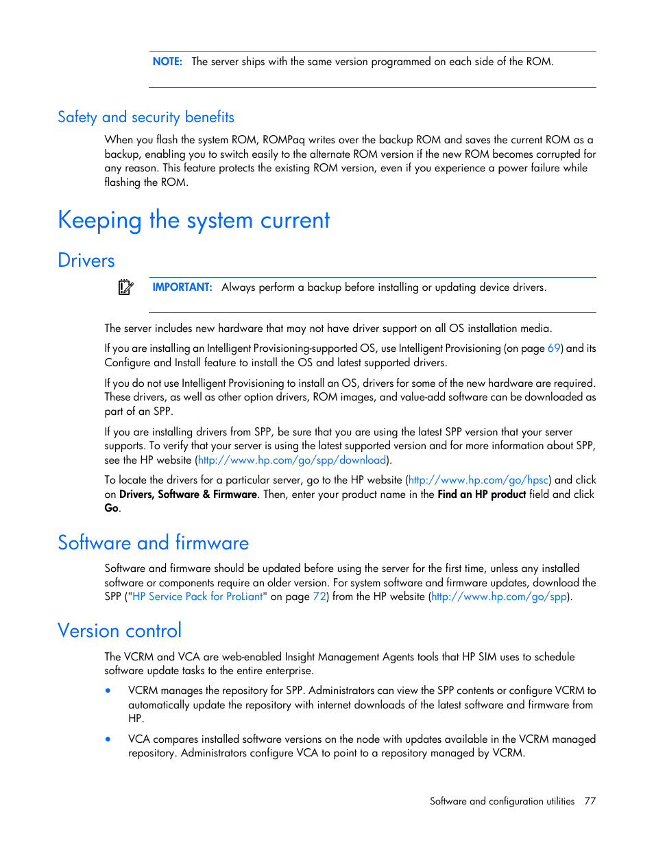 Safety and security benefits, Keeping the system current, Drivers | Software and firmware, Version control | HP ProLiant ML310e Gen8 Server User Manual | Page 77 / 107