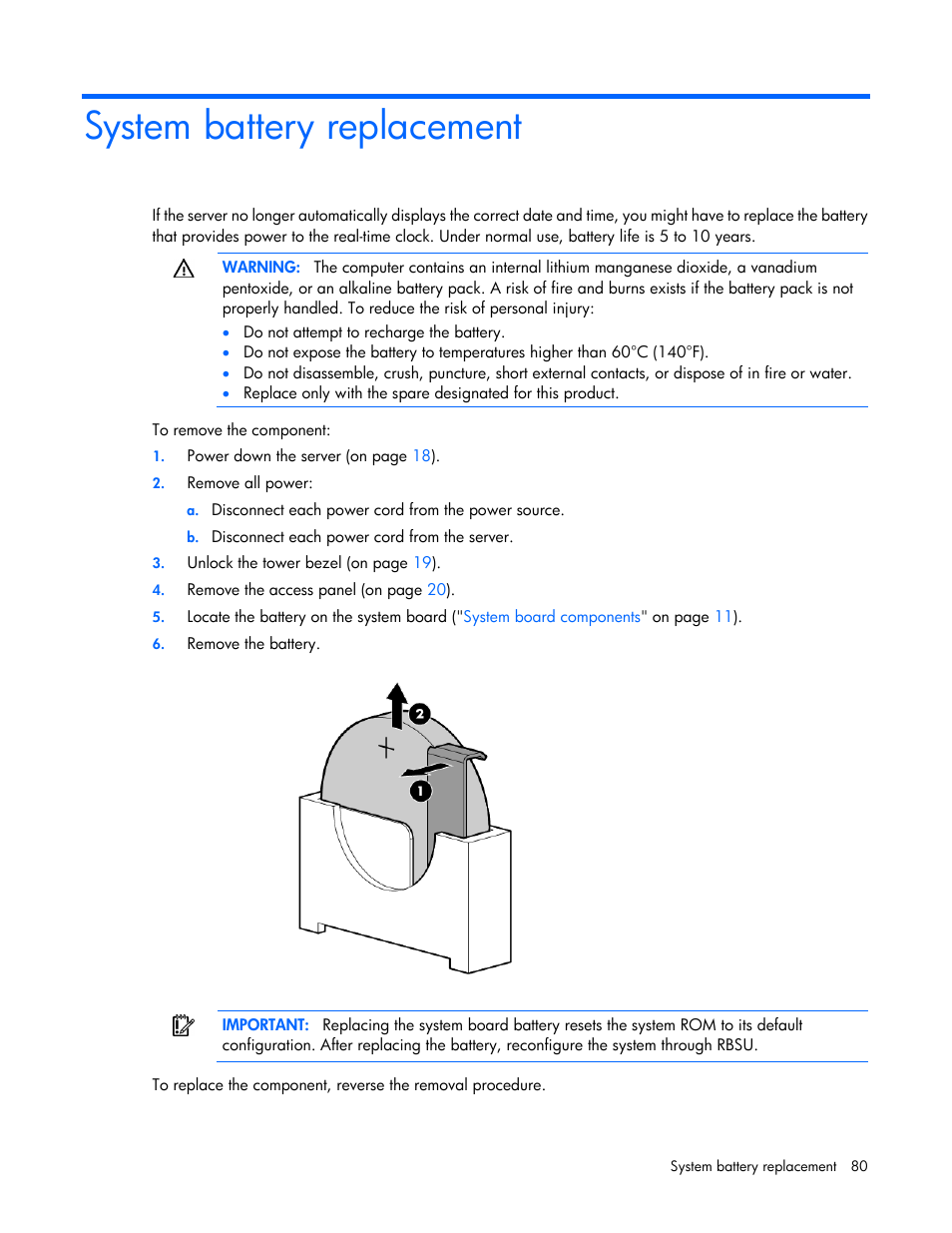 System battery replacement | HP ProLiant ML310e Gen8 Server User Manual | Page 80 / 107