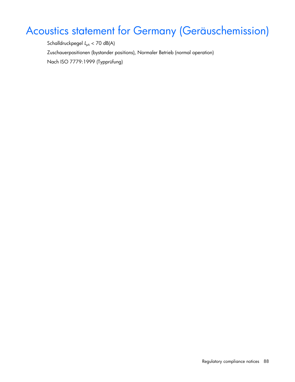 Acoustics statement for germany (geräuschemission) | HP ProLiant ML310e Gen8 Server User Manual | Page 88 / 107