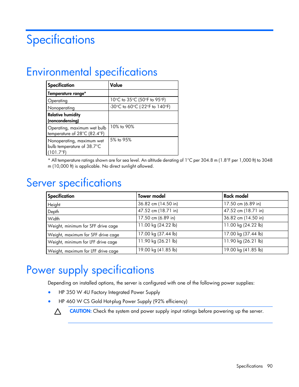 Specifications, Environmental specifications, Server specifications | Power supply specifications | HP ProLiant ML310e Gen8 Server User Manual | Page 90 / 107