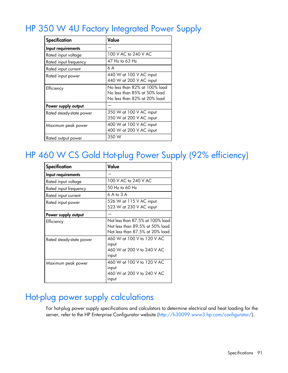 Hp 350 w 4u factory integrated power supply, Hot-plug power supply calculations | HP ProLiant ML310e Gen8 Server User Manual | Page 91 / 107
