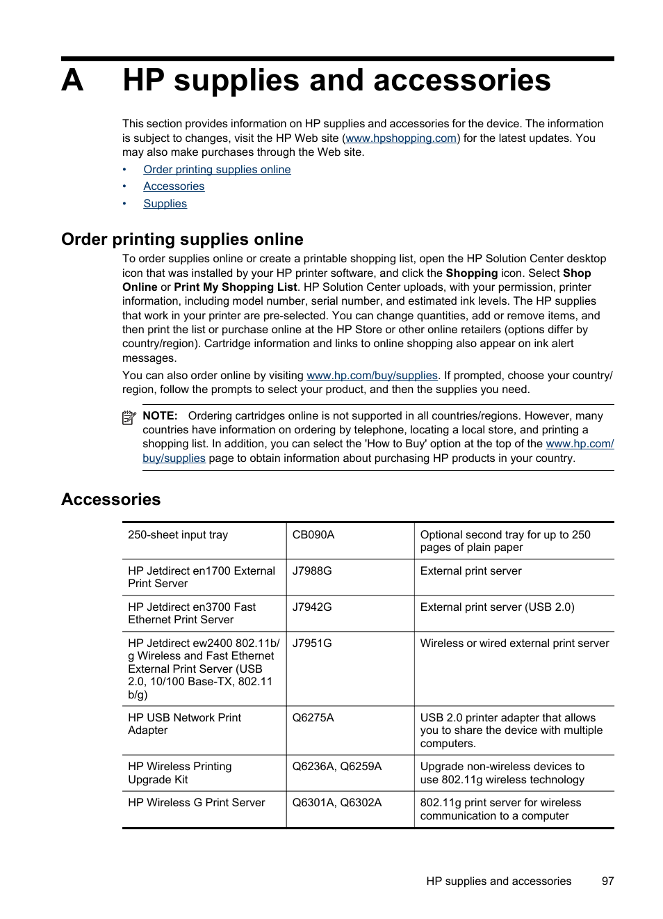 Hp supplies and accessories, Order printing supplies online, Accessories | A hp supplies and accessories, Order printing supplies online accessories, Hp supplies, And accessories, Ahp supplies and accessories | HP Officejet Pro 8000 - A809 User Manual | Page 101 / 140