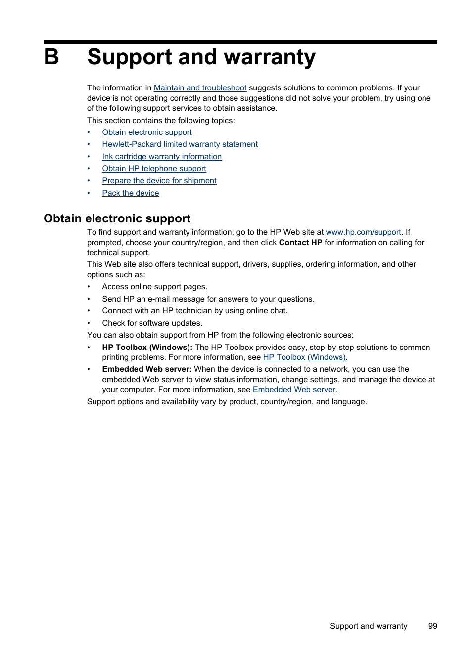 Support and warranty, Obtain electronic support, B support and warranty | Help, see, Bsupport and warranty | HP Officejet Pro 8000 - A809 User Manual | Page 103 / 140