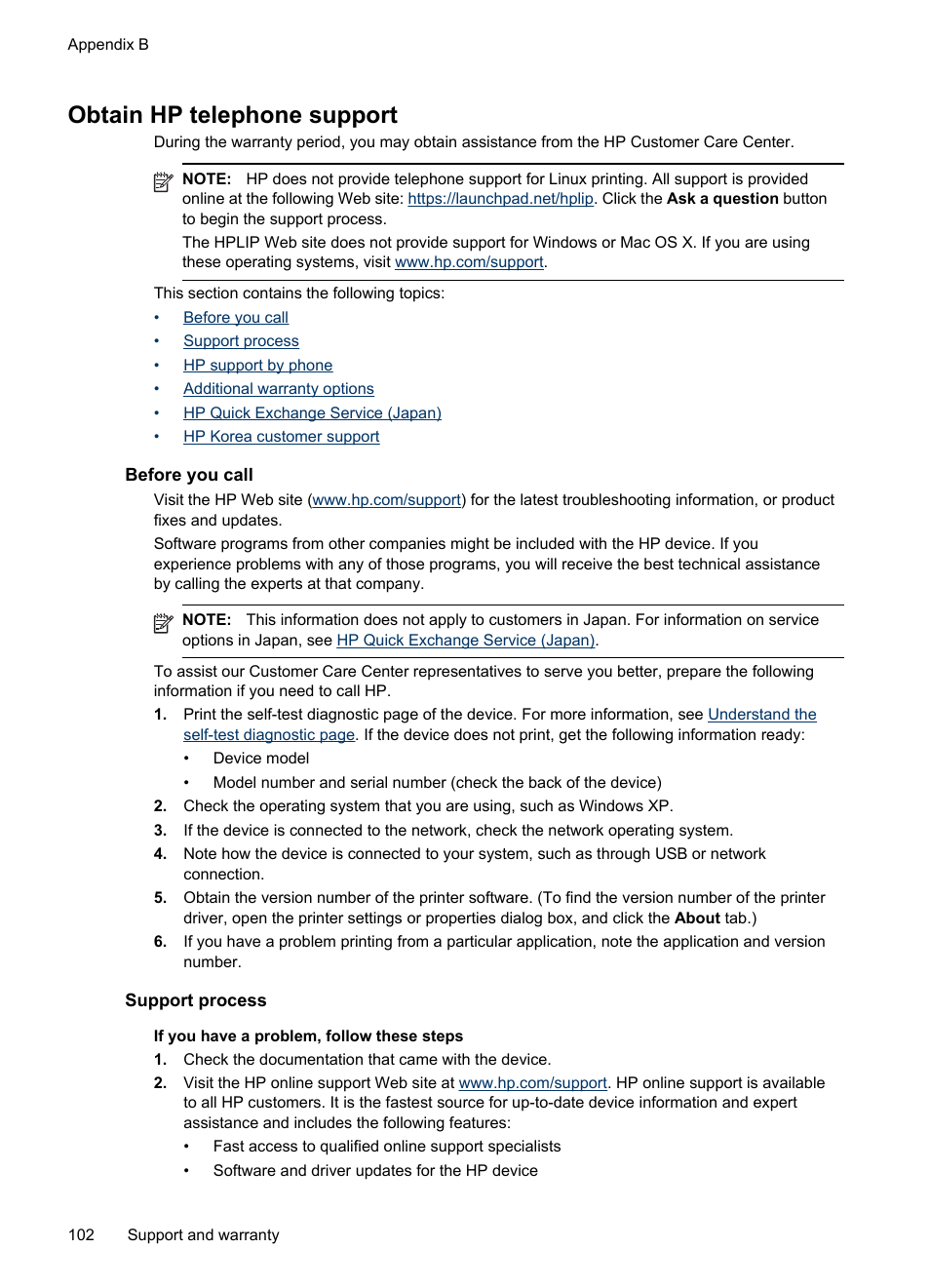 Obtain hp telephone support, Before you call, Support process | HP Officejet Pro 8000 - A809 User Manual | Page 106 / 140