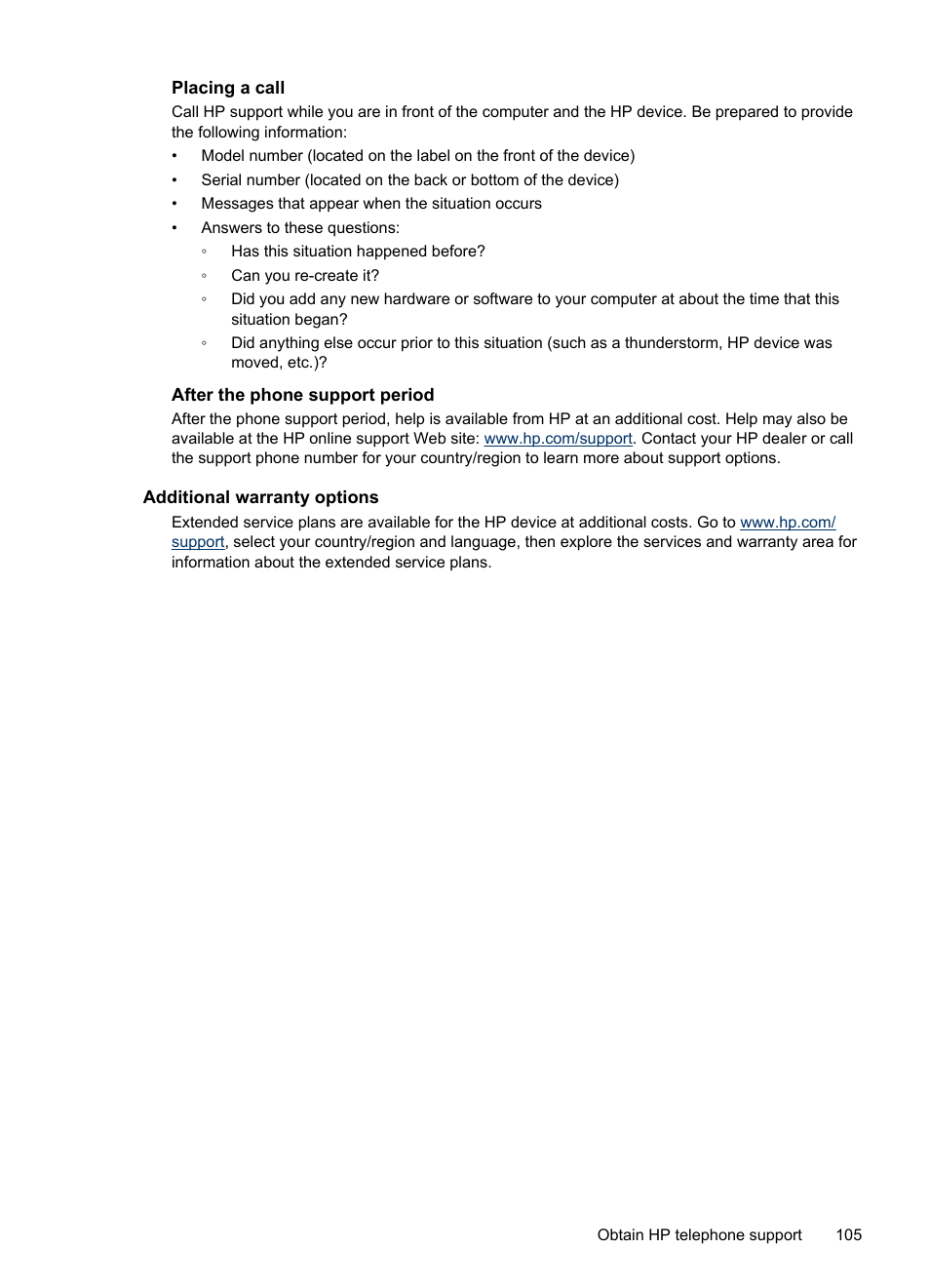 Placing a call, After the phone support period, Additional warranty options | HP Officejet Pro 8000 - A809 User Manual | Page 109 / 140