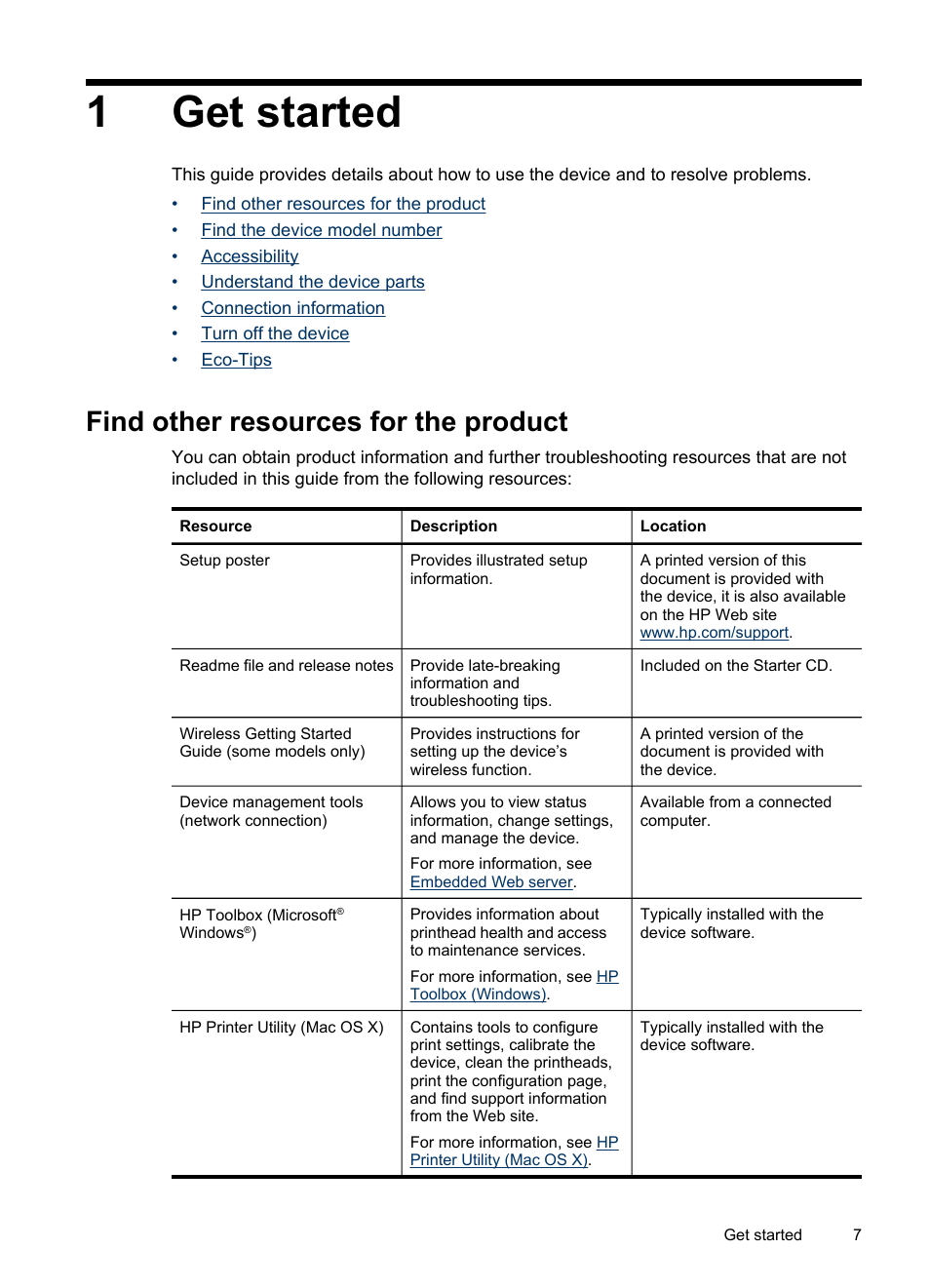 Get started, Find other resources for the product, 1 get started | 1get started | HP Officejet Pro 8000 - A809 User Manual | Page 11 / 140