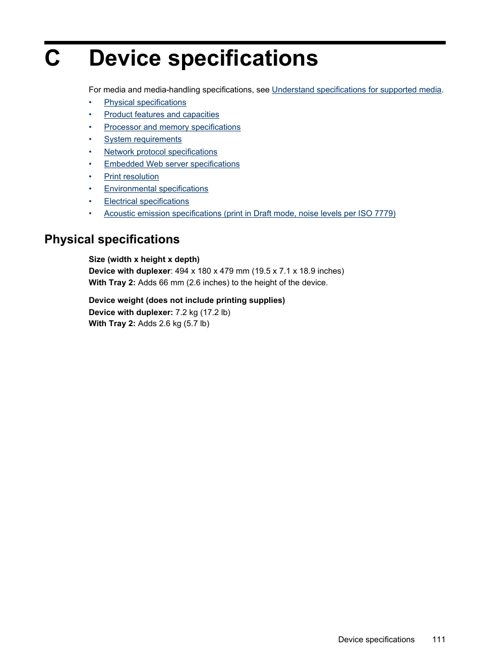 Device specifications, Physical specifications, C device specifications | Cdevice specifications | HP Officejet Pro 8000 - A809 User Manual | Page 115 / 140
