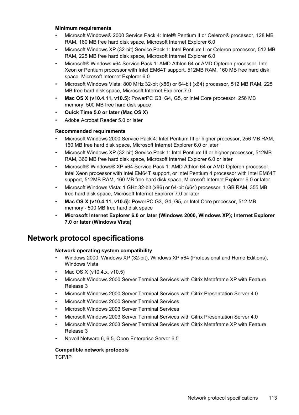 Network protocol specifications | HP Officejet Pro 8000 - A809 User Manual | Page 117 / 140