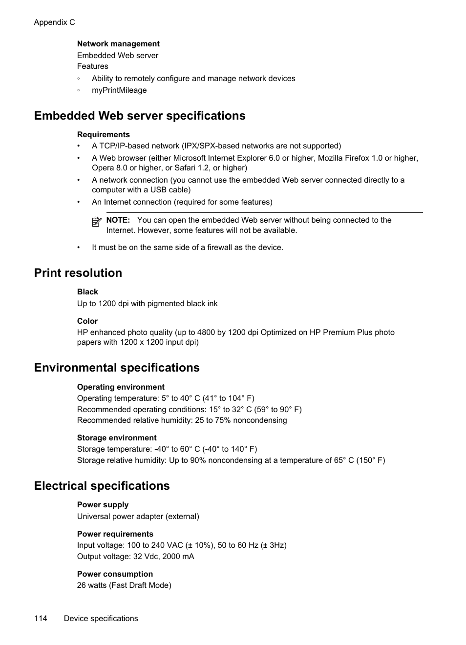 Embedded web server specifications, Print resolution, Environmental specifications | Electrical specifications, Electrical, Specifications | HP Officejet Pro 8000 - A809 User Manual | Page 118 / 140