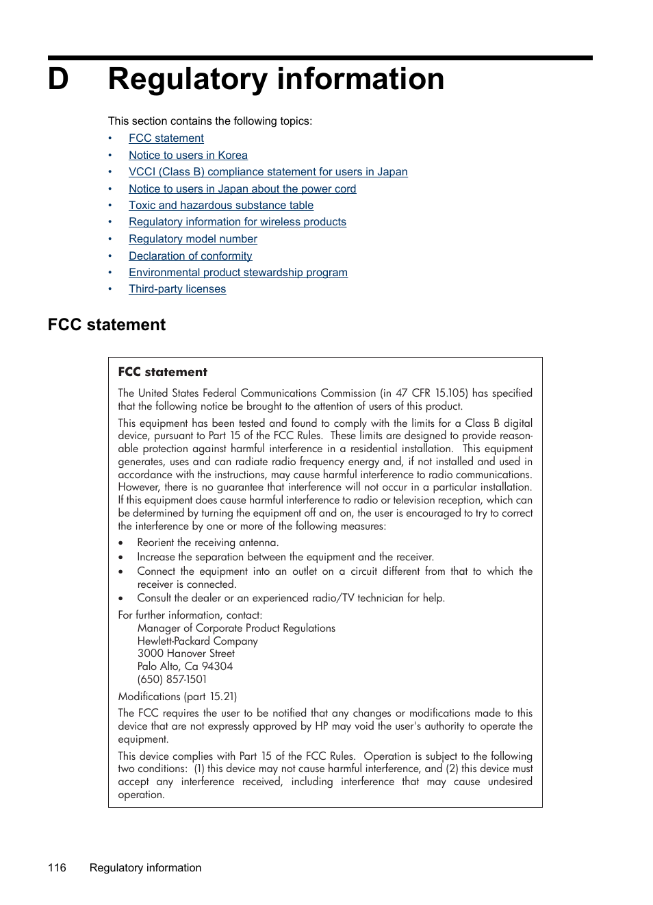 Regulatory information, Fcc statement, D regulatory information | Dregulatory information | HP Officejet Pro 8000 - A809 User Manual | Page 120 / 140