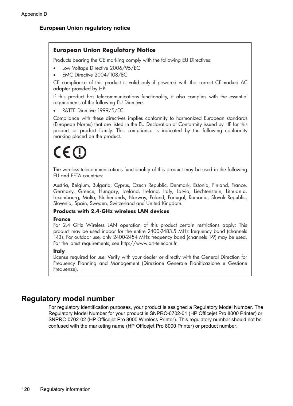 European union regulatory notice, Regulatory model number | HP Officejet Pro 8000 - A809 User Manual | Page 124 / 140