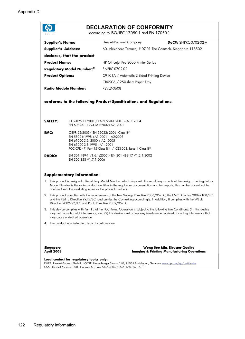 Declaration of conformity, Appendix d 122 regulatory information | HP Officejet Pro 8000 - A809 User Manual | Page 126 / 140