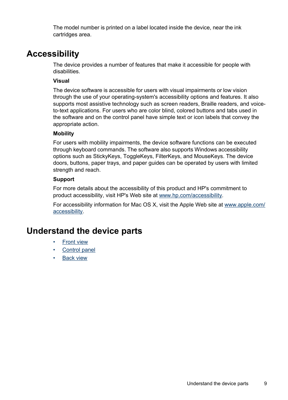 Accessibility, Understand the device parts, Accessibility understand the device parts | Front view control panel back view | HP Officejet Pro 8000 - A809 User Manual | Page 13 / 140