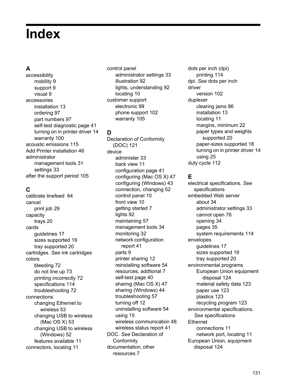 Index | HP Officejet Pro 8000 - A809 User Manual | Page 135 / 140