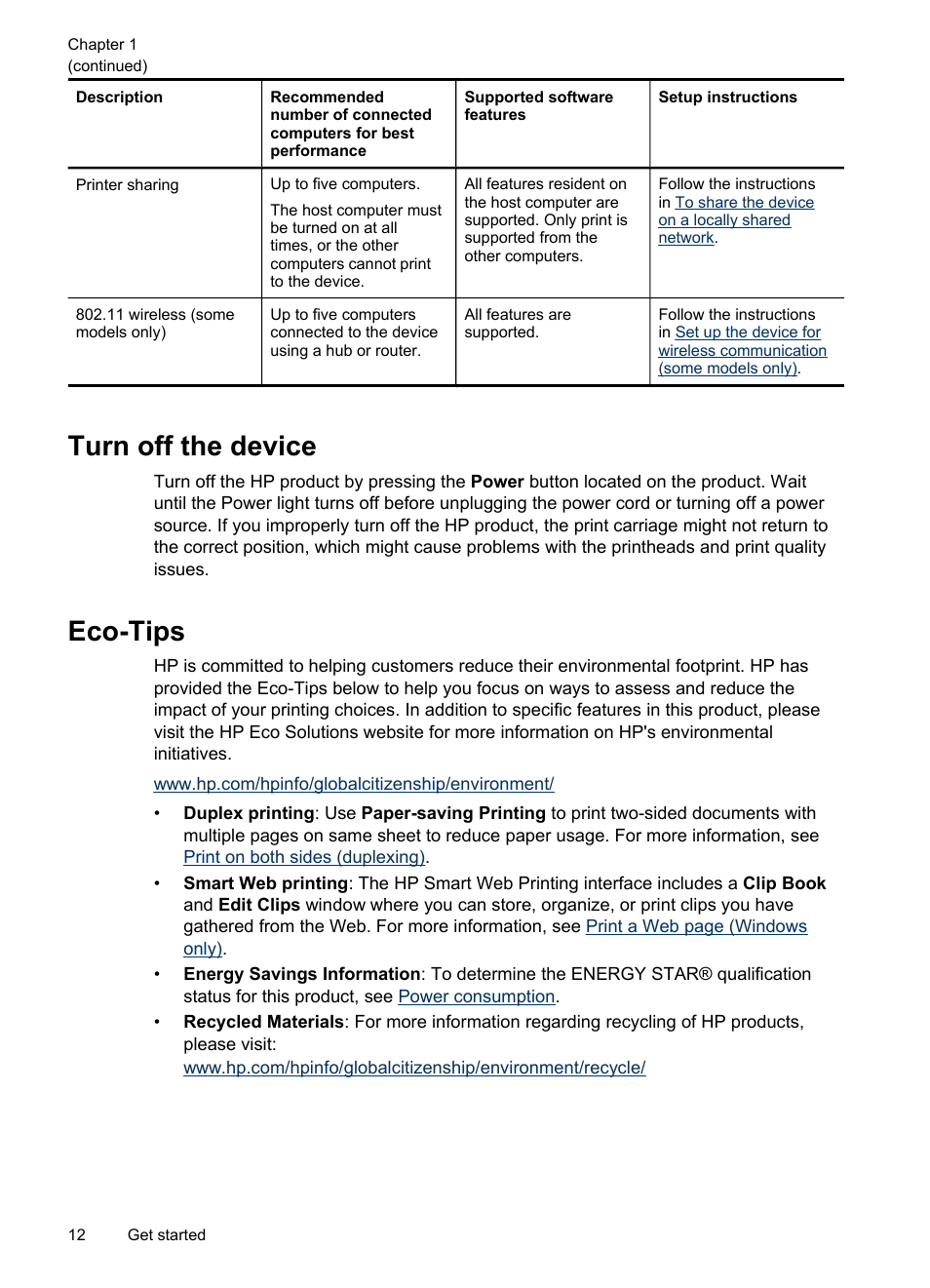Turn off the device, Eco-tips, Turn off the device eco-tips | HP Officejet Pro 8000 - A809 User Manual | Page 16 / 140