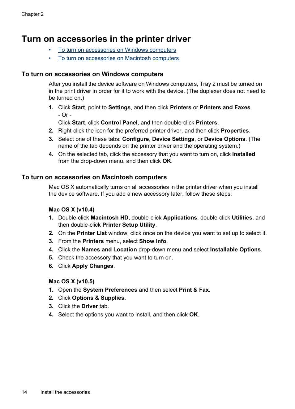 Turn on accessories in the printer driver, To turn on accessories on windows computers, To turn on accessories on macintosh computers | Turn on accessories, In the printer driver | HP Officejet Pro 8000 - A809 User Manual | Page 18 / 140