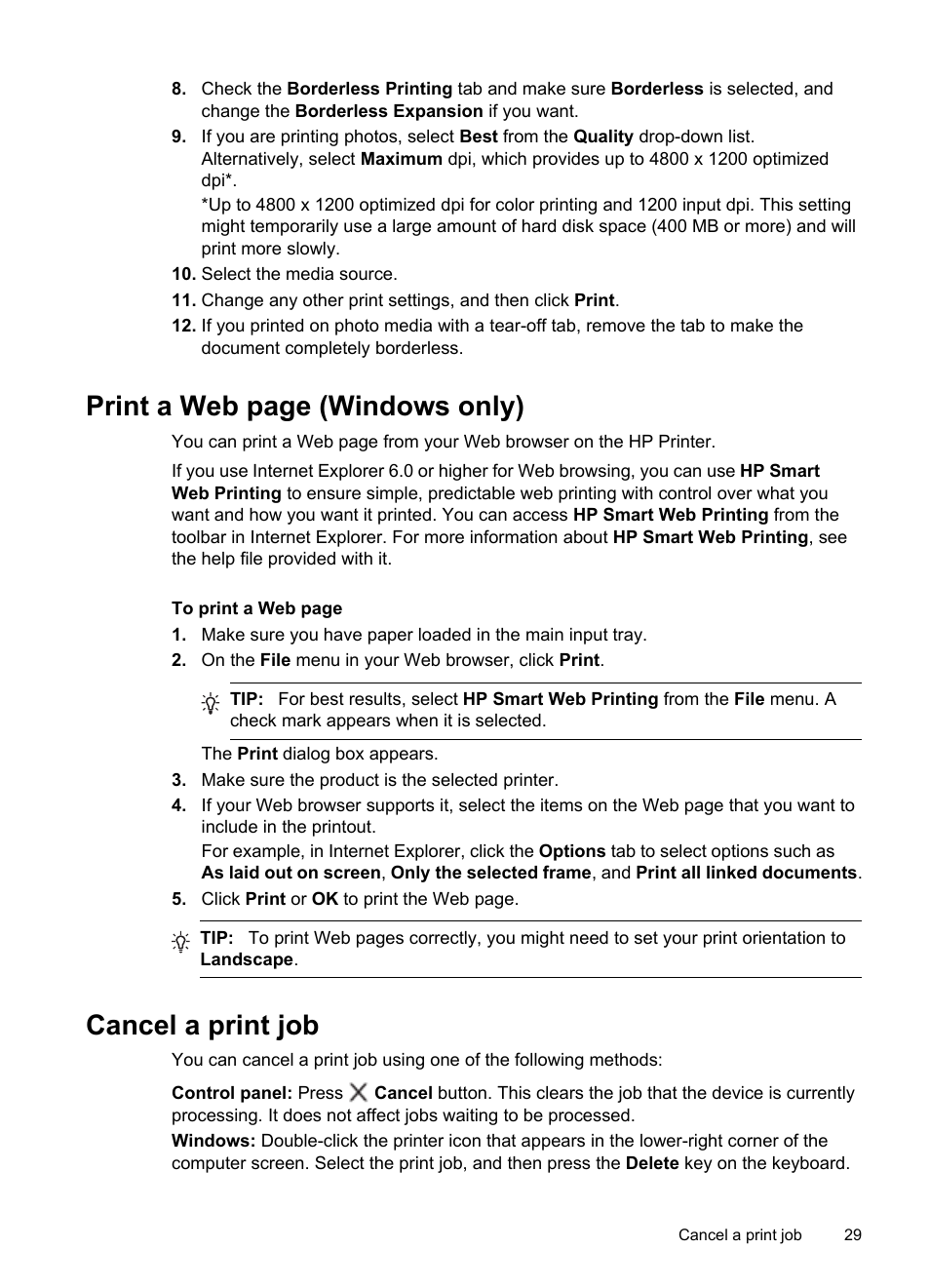 Cancel a print job, Only), Print a web page (windows only) | HP Officejet Pro 8000 - A809 User Manual | Page 33 / 140