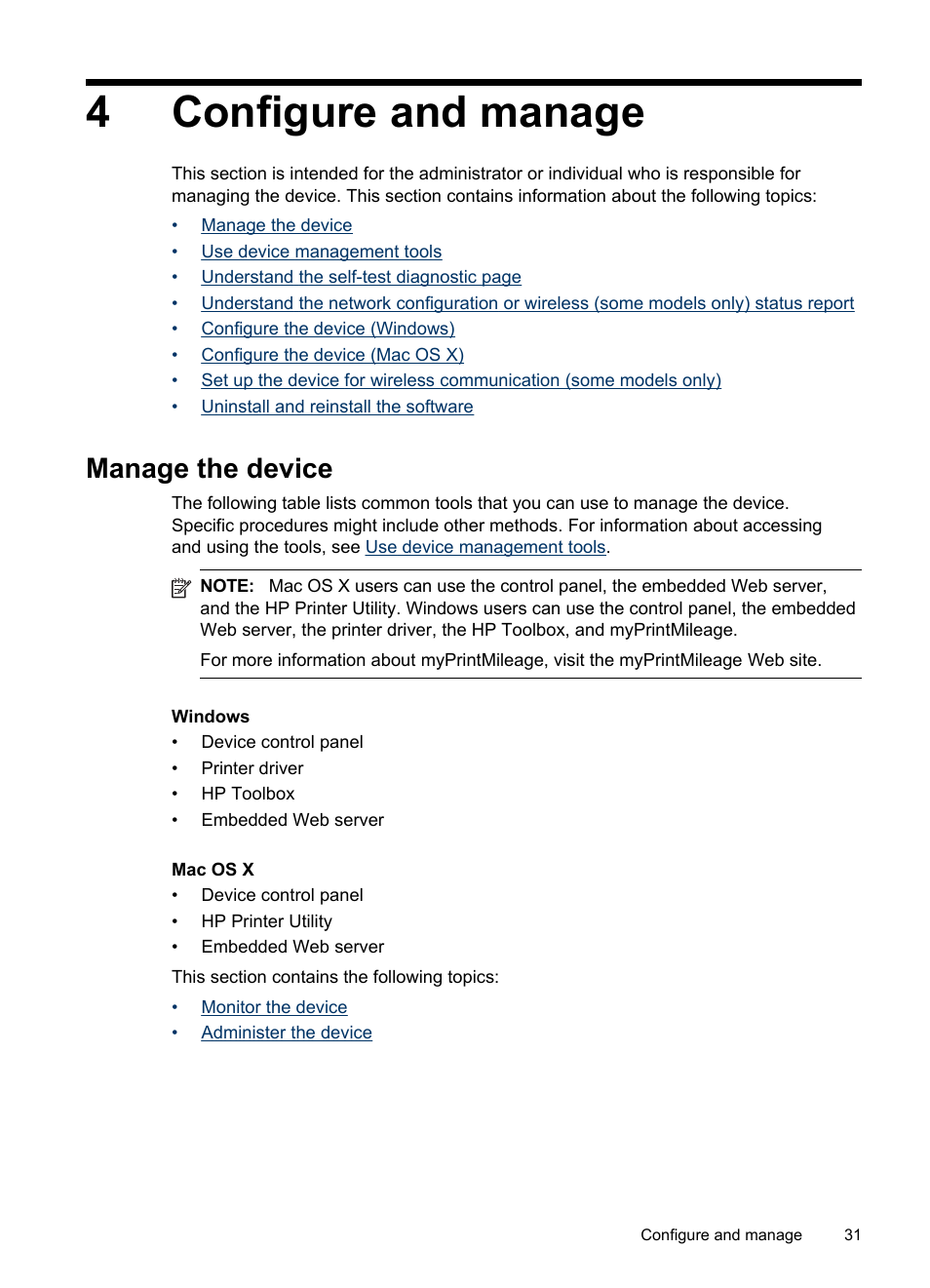 Configure and manage, Manage the device, 4 configure and manage | Monitor the device administer the device, 4configure and manage | HP Officejet Pro 8000 - A809 User Manual | Page 35 / 140