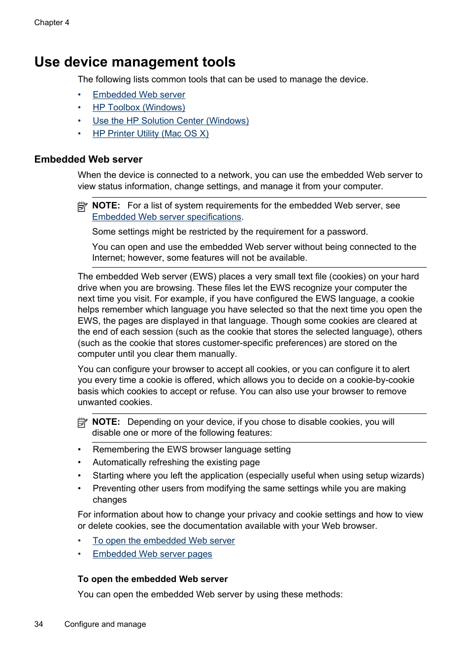 Use device management tools, Embedded web server, To open the embedded web server | Hp toolbox (windows) | HP Officejet Pro 8000 - A809 User Manual | Page 38 / 140