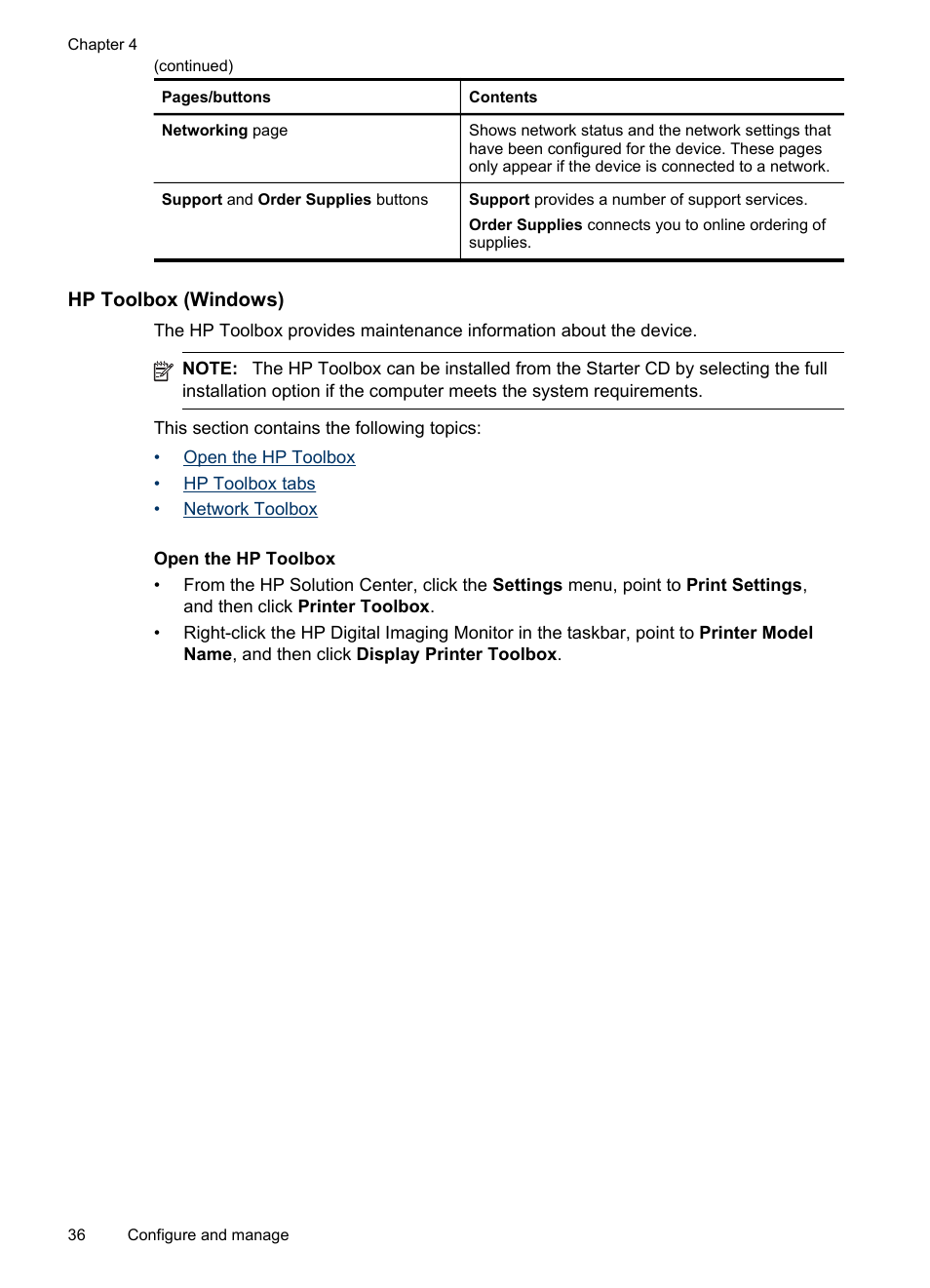 Hp toolbox (windows), Open the hp toolbox, Toolbox (windows) | HP Officejet Pro 8000 - A809 User Manual | Page 40 / 140
