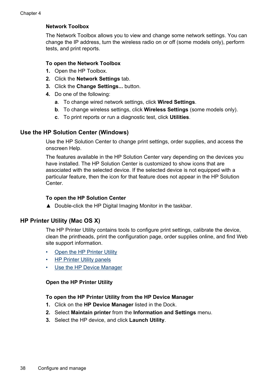 Network toolbox, Use the hp solution center (windows), Hp printer utility (mac os x) | Open the hp printer utility, Printer utility (mac os x) | HP Officejet Pro 8000 - A809 User Manual | Page 42 / 140
