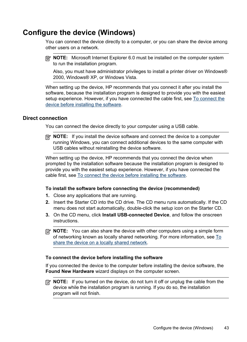 Configure the device (windows), Direct connection, Network connection | HP Officejet Pro 8000 - A809 User Manual | Page 47 / 140