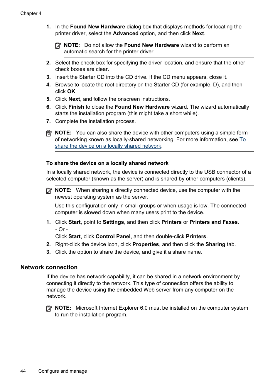 To share the device on a locally shared network, Network connection, To share the device | On a locally shared network, Share the device on a locally shared network | HP Officejet Pro 8000 - A809 User Manual | Page 48 / 140