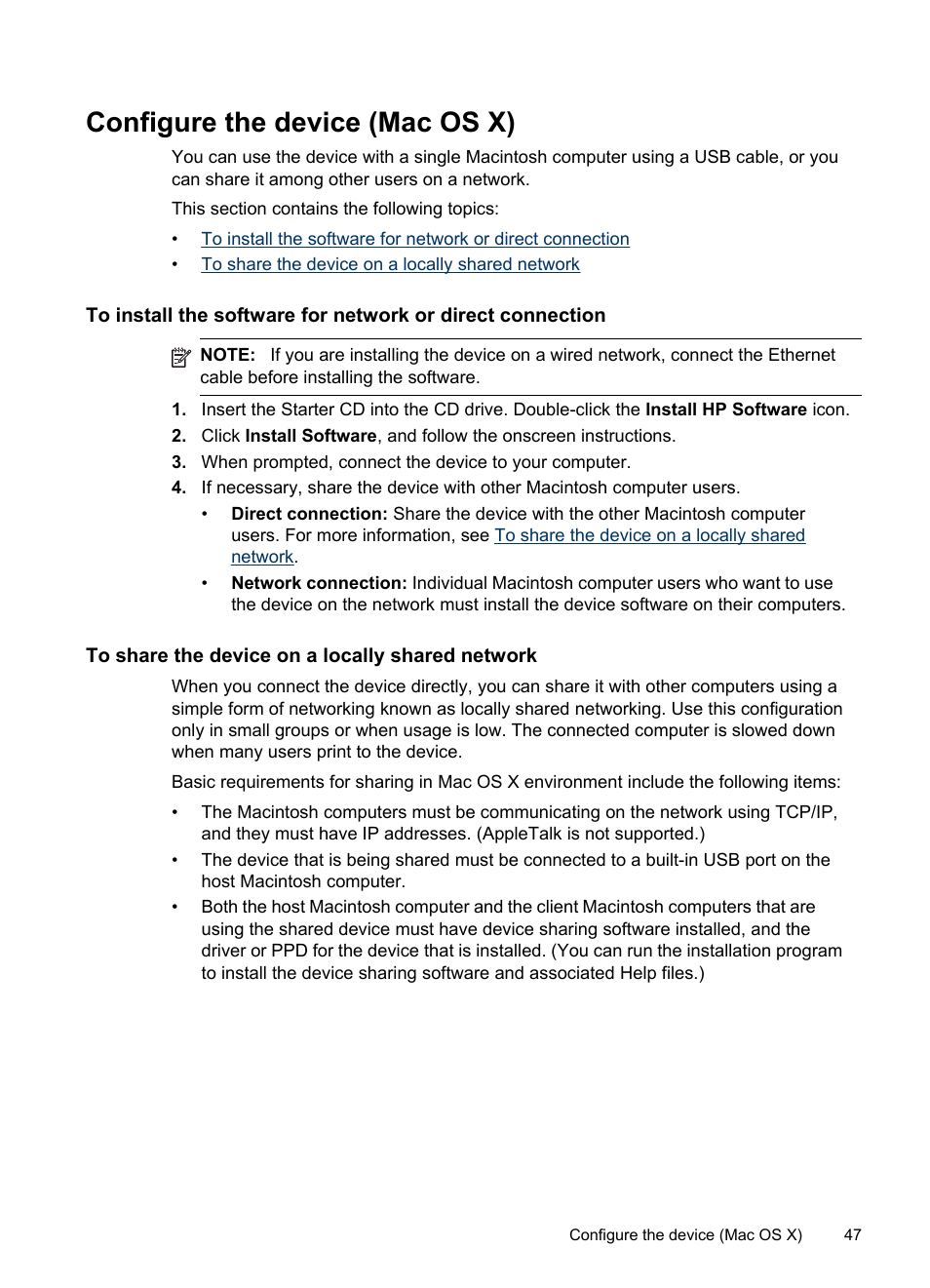 Configure the device (mac os x), To share the device on a locally shared network | HP Officejet Pro 8000 - A809 User Manual | Page 51 / 140