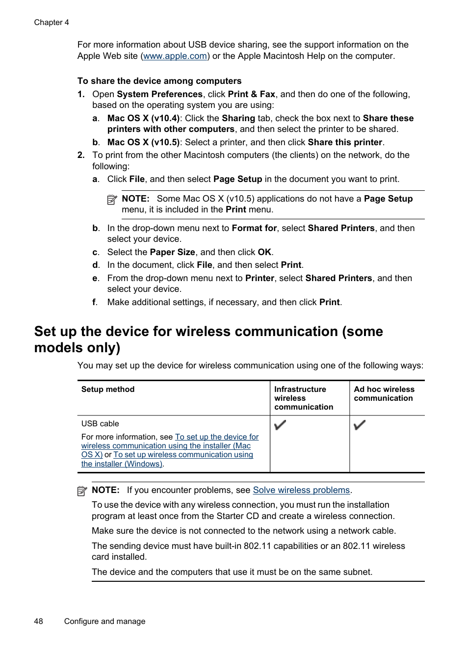 Set up the device for, Wireless communication (some models only) | HP Officejet Pro 8000 - A809 User Manual | Page 52 / 140