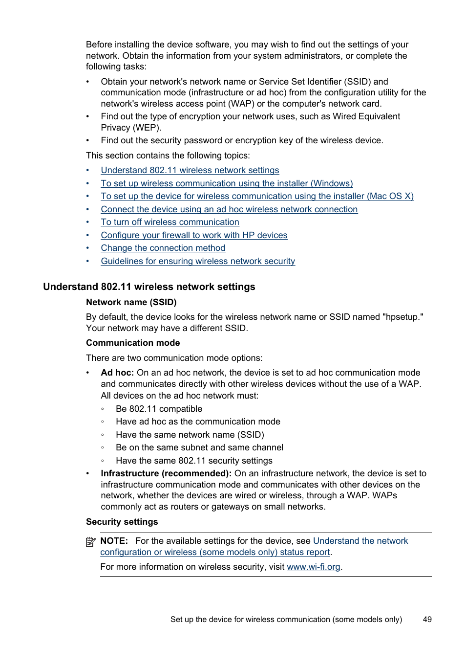 Understand 802.11 wireless network settings | HP Officejet Pro 8000 - A809 User Manual | Page 53 / 140