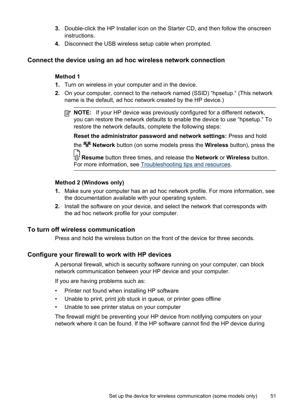 To turn off wireless communication, Configure your firewall to work with hp devices | HP Officejet Pro 8000 - A809 User Manual | Page 55 / 140