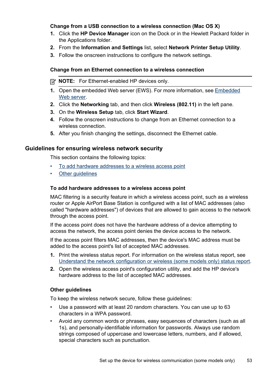 Guidelines for ensuring wireless network security, Other guidelines | HP Officejet Pro 8000 - A809 User Manual | Page 57 / 140
