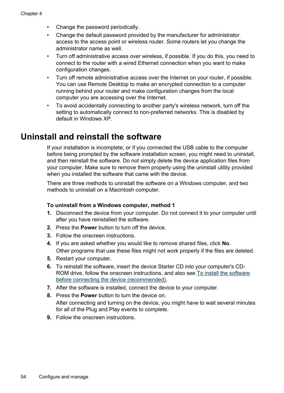 Uninstall and reinstall the software | HP Officejet Pro 8000 - A809 User Manual | Page 58 / 140