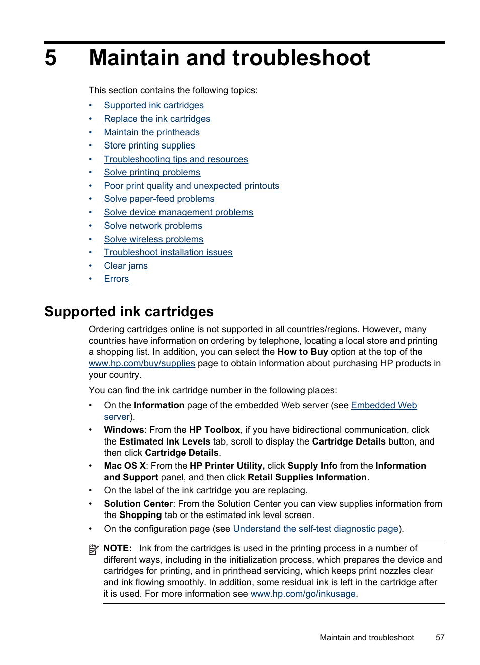 Maintain and troubleshoot, Supported ink cartridges, Normally, see | Maintain and, Troubleshoot, 5 maintain and troubleshoot, 5maintain and troubleshoot | HP Officejet Pro 8000 - A809 User Manual | Page 61 / 140