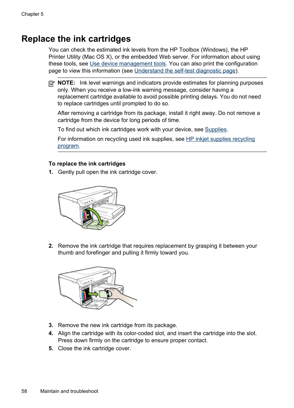 Replace the ink cartridges | HP Officejet Pro 8000 - A809 User Manual | Page 62 / 140