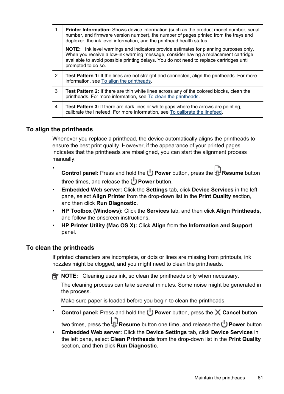 To align the printheads, To clean the printheads, Clean the printheads | Align the printheads | HP Officejet Pro 8000 - A809 User Manual | Page 65 / 140