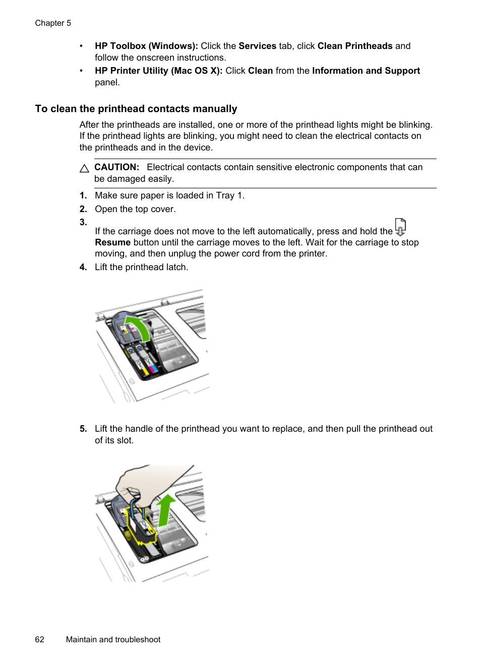 To clean the printhead contacts manually | HP Officejet Pro 8000 - A809 User Manual | Page 66 / 140