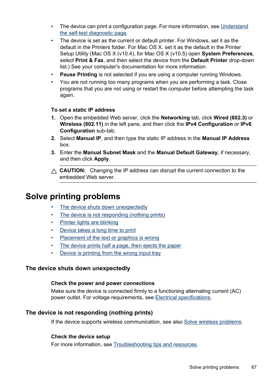 Solve printing problems, The device shuts down unexpectedly, The device is not responding (nothing prints) | HP Officejet Pro 8000 - A809 User Manual | Page 71 / 140