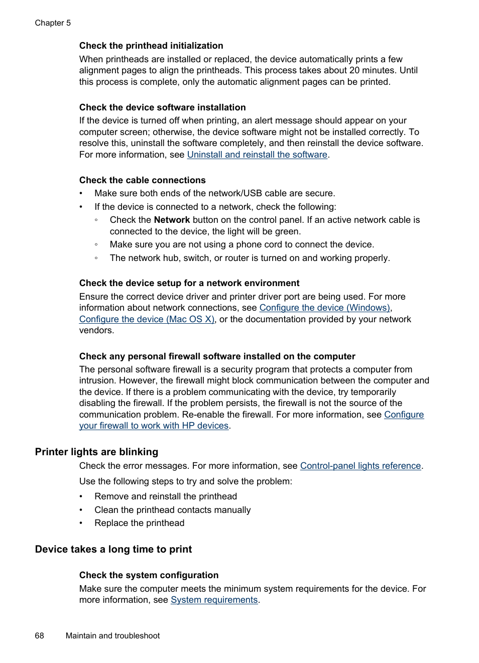 Printer lights are blinking, Device takes a long time to print | HP Officejet Pro 8000 - A809 User Manual | Page 72 / 140