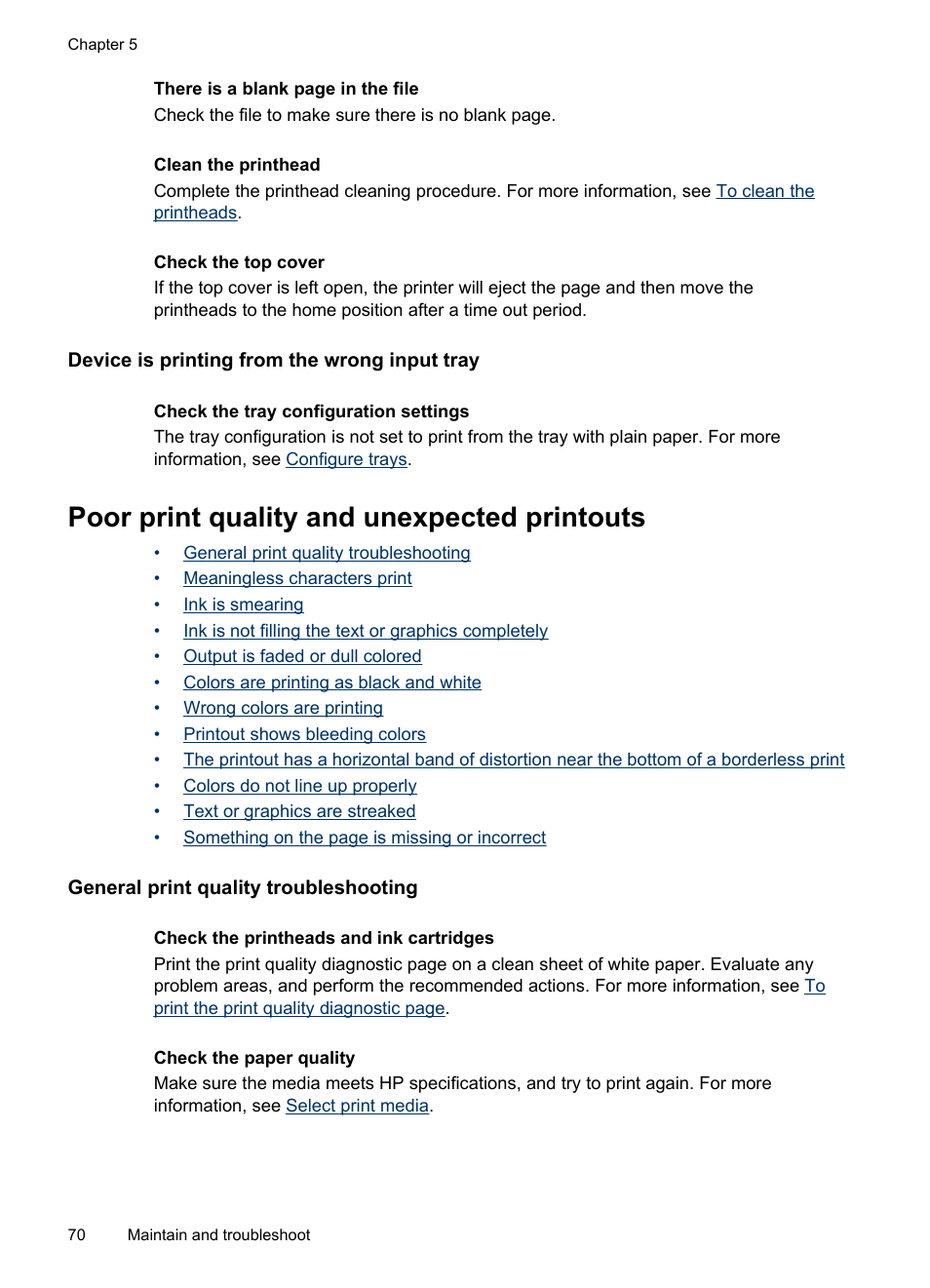 Device is printing from the wrong input tray, Poor print quality and unexpected printouts, General print quality troubleshooting | HP Officejet Pro 8000 - A809 User Manual | Page 74 / 140