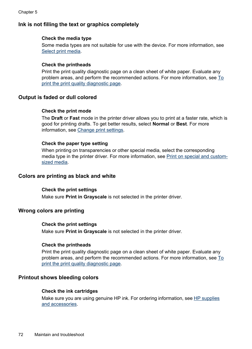 Ink is not filling the text or graphics completely, Output is faded or dull colored, Colors are printing as black and white | Wrong colors are printing, Printout shows bleeding colors | HP Officejet Pro 8000 - A809 User Manual | Page 76 / 140