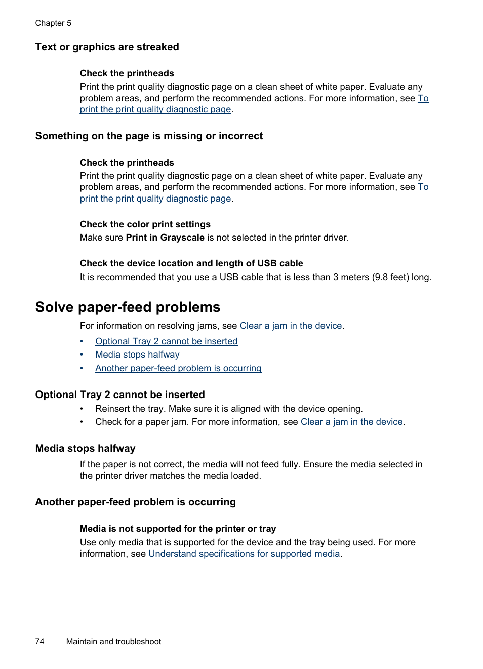 Text or graphics are streaked, Solve paper-feed problems, Optional tray 2 cannot be inserted | Media stops halfway, Another paper-feed problem is occurring, Solve, Paper-feed problems | HP Officejet Pro 8000 - A809 User Manual | Page 78 / 140