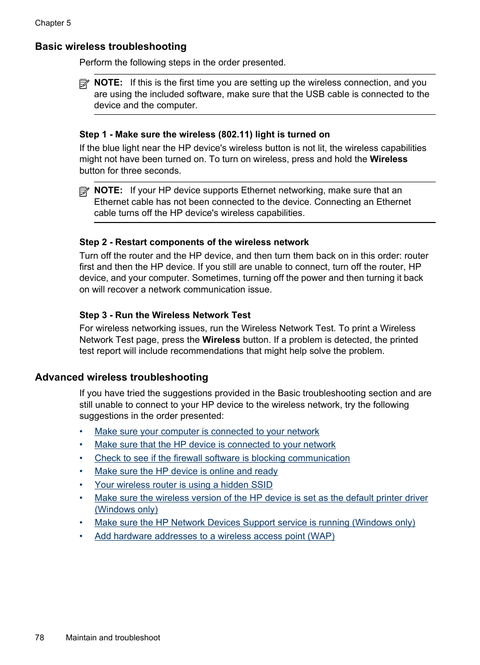 Basic wireless troubleshooting, Advanced wireless troubleshooting | HP Officejet Pro 8000 - A809 User Manual | Page 82 / 140