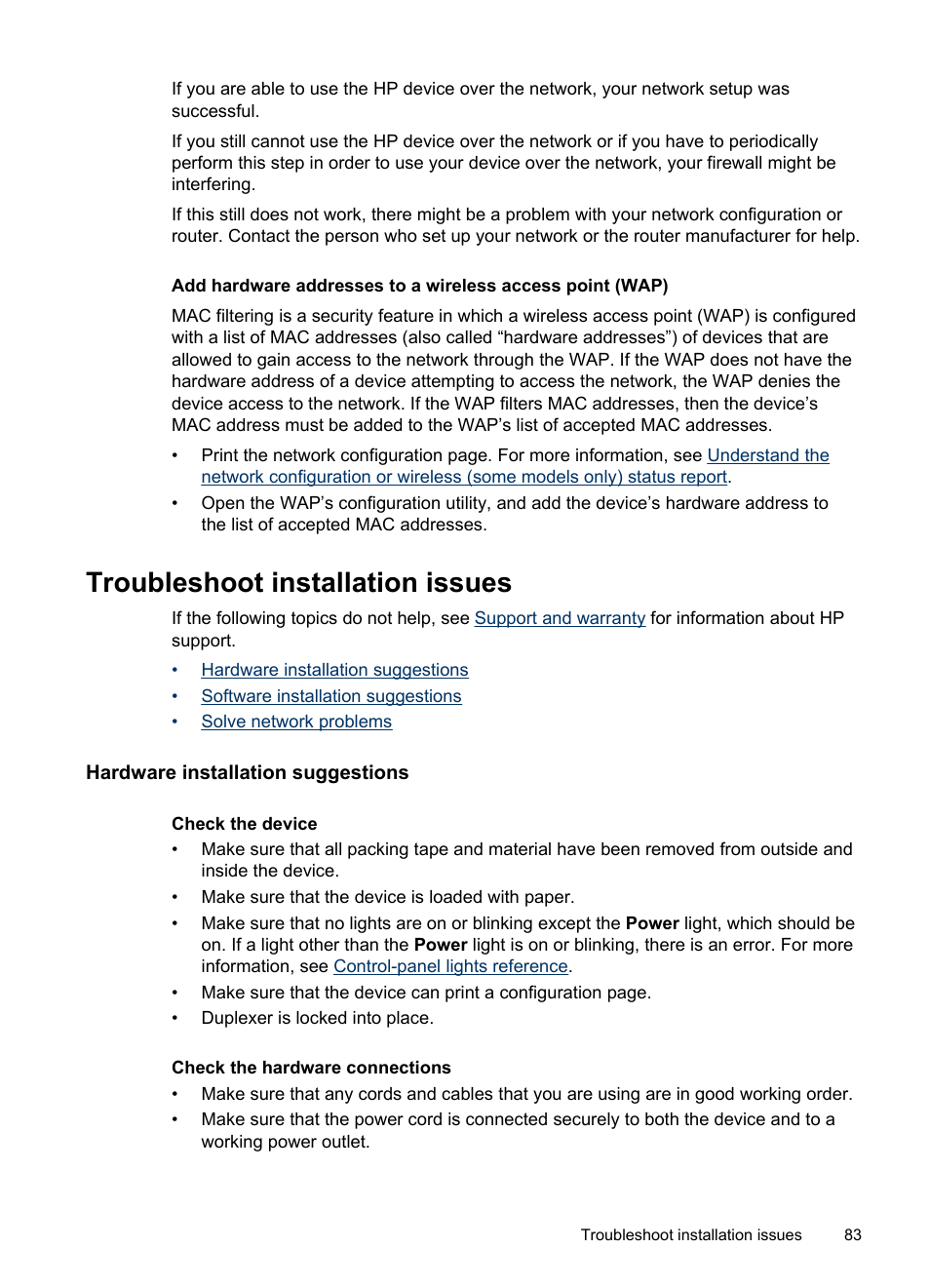 Troubleshoot installation issues, Hardware installation suggestions | HP Officejet Pro 8000 - A809 User Manual | Page 87 / 140