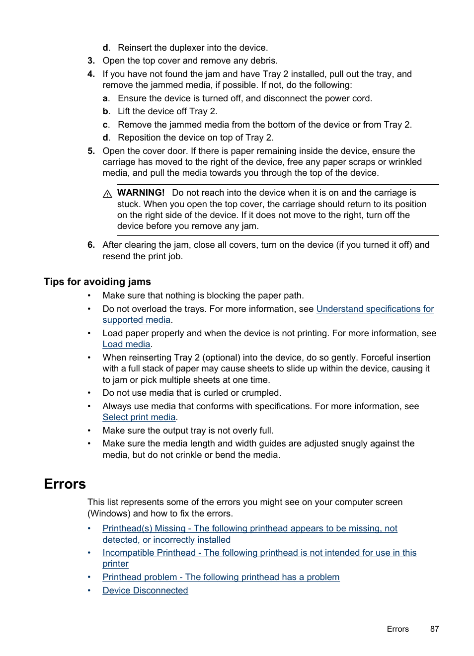 Tips for avoiding jams, Errors | HP Officejet Pro 8000 - A809 User Manual | Page 91 / 140